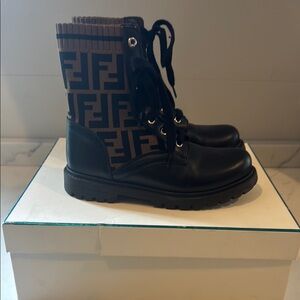 Fendi Black and Brown Logo Knit Combat Boots